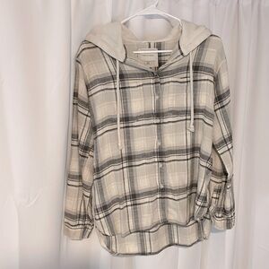 grey and white button up flannel